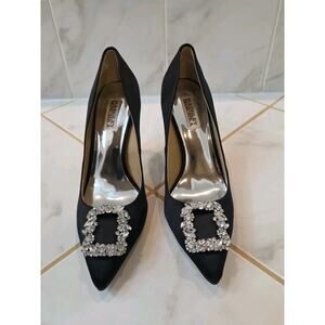 Badgley Mischka Black Satin Rhinestone Pointed Toe Stiletto Heels US 9